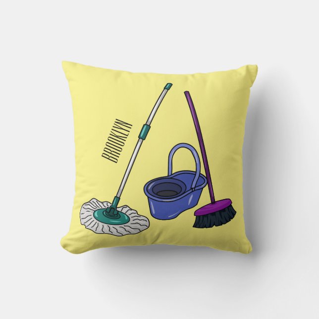 Broom & mop cartoon illustration throw pillow (Front)