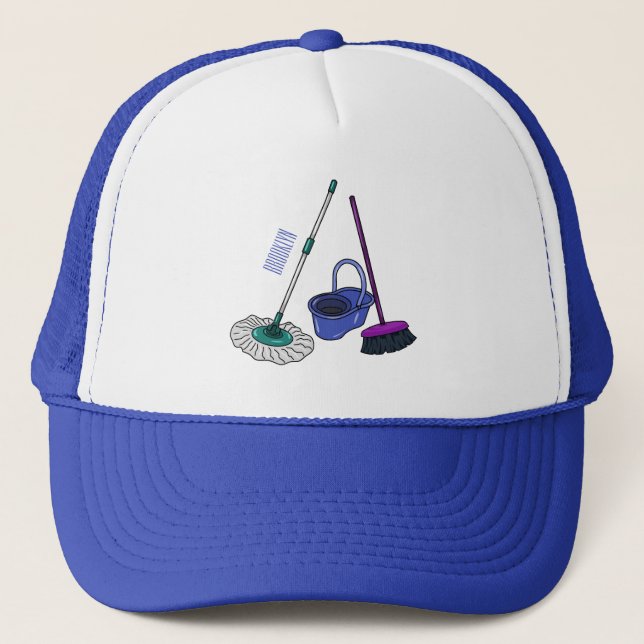 Broom & mop cartoon illustration trucker hat (Front)