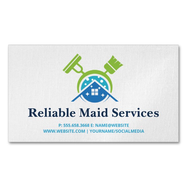 Broom Mop Cleaning Supplies | Maid Services Business Card Magnet (Front)