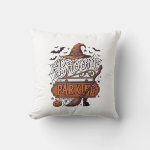 Broom Parking Halloween Witch Hat Broomstick Black Throw Pillow