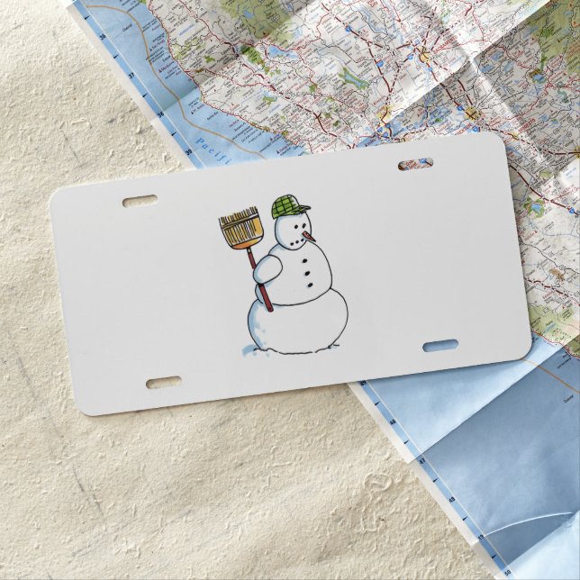 Broom Snowman aluminum car license plate (In Situ)