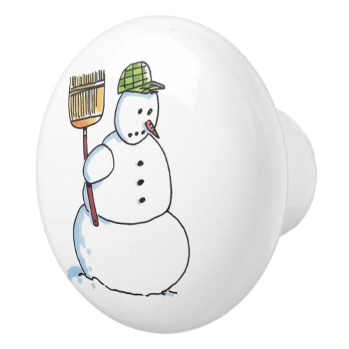 Broom Snowman ceramic knob
