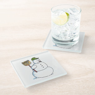 Broom Snowman clear glass coaster