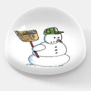 Broom Snowman glass dome paperweight