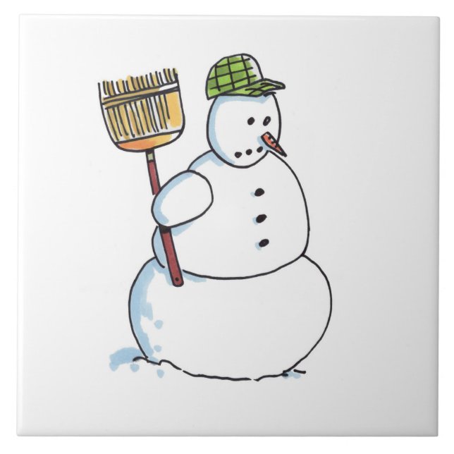 Broom Snowman large ceramic tile (Front)
