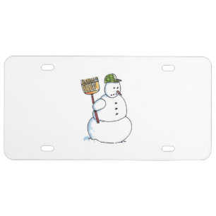 Broom Snowman plastic car license plate