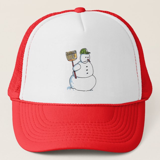 Broom Snowman red and white foam trucker hat (Front)