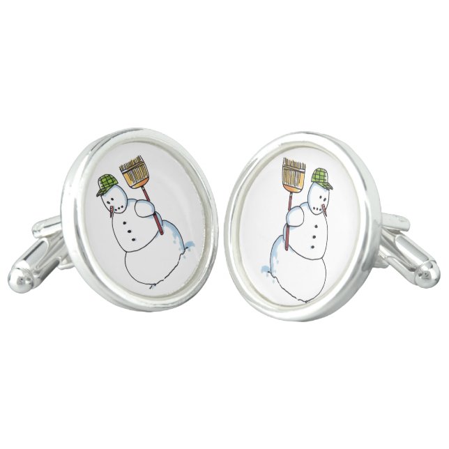 Broom Snowman silver plated cufflinks (Angled)