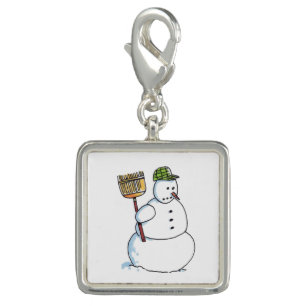 Broom Snowman silver square charm