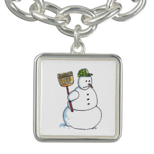 Broom Snowman silver square charm bracelet