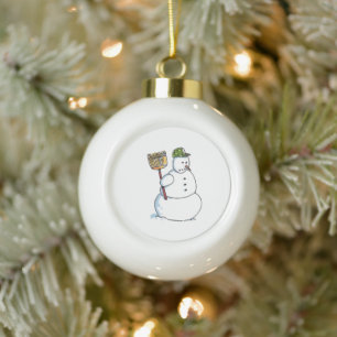 Broom Snowman white Christmas ball ornament