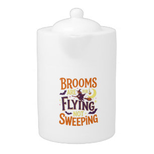 Brooms Flying Sweeping Halloween Witch Moon Bats Teapot