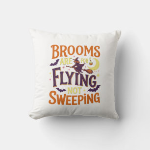 Brooms Flying Sweeping Halloween Witch Moon Bats Throw Pillow