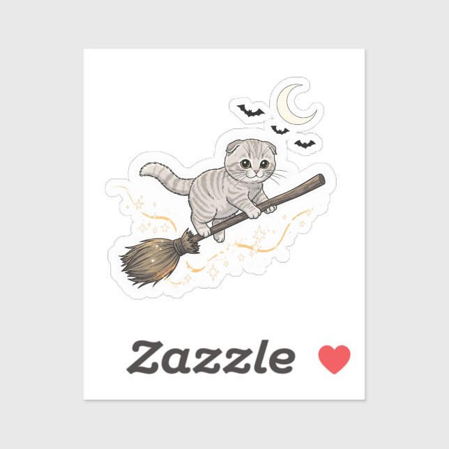 Broomstick Fold – Cute Scottish Fold Cat Halloween Sticker (Sheet)