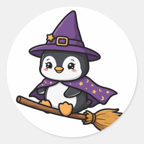 Broomstick Penguin Halloween Classic Round Sticker