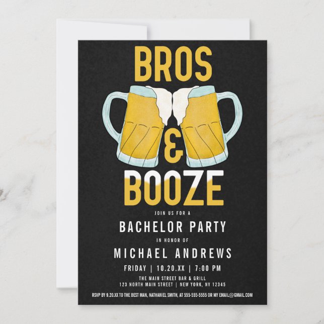 Bros and Booze Manly Beer Stein Bachelor Party Invitation (Front)