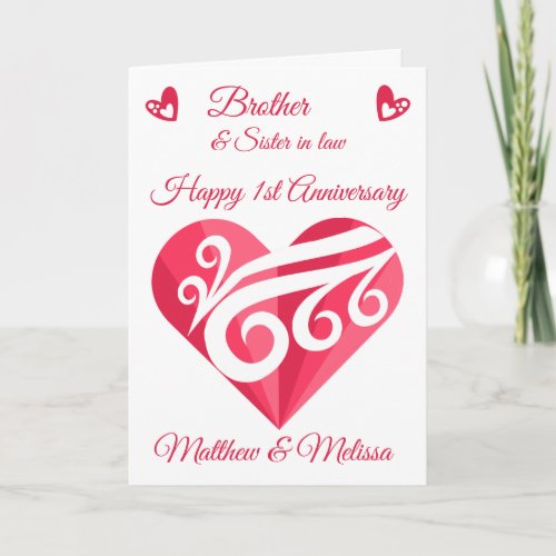 Brother 1st Wedding Anniversary Pink Heart Card
