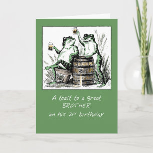 Brother 21st Birthday Frogs Toasting with Beer Card