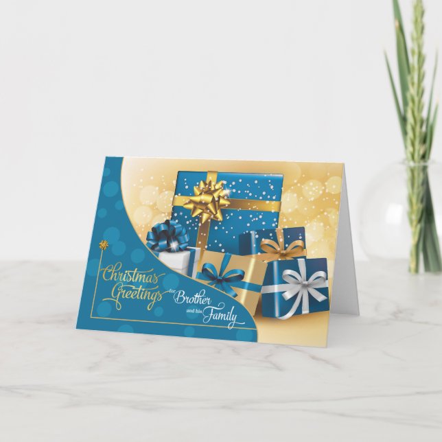 Brother and Family Blue and Gold Christmas Gifts Holiday Card (Front)
