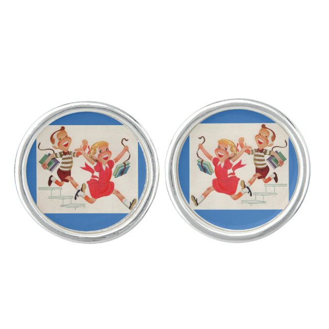 brother and sister on their way to school cufflinks (Front)