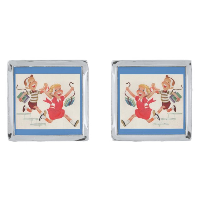 brother and sister on their way to school cufflinks (Front)