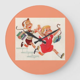 brother and sister on their way to school large clock