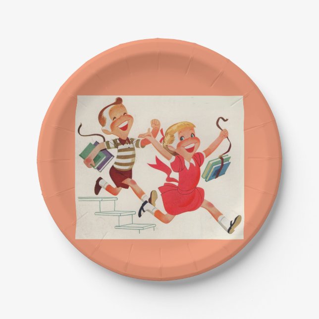 brother and sister on their way to school paper plates (Front)