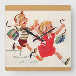 brother and sister on their way to school square wall clock