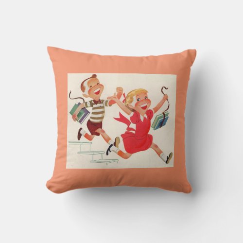 brother and sister on their way to school throw pillow