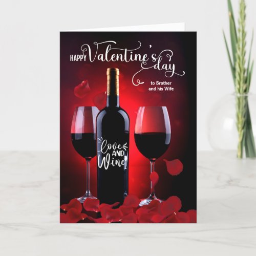Brother and Wife Valentine Rose Petals Wine Holiday Card
