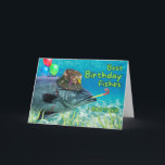 Brother Bro Birthday Fish Ready to Party Card<br><div class="desc">You're one in a GILL-ion! Birthday greeting card for Bro or Brother features the front of a fish holding balloons with its fin and blowing a party noise maker. It is also wearing a camouflage fishing hat with fishing lures attached. Art, image, and verse copyright © Shoaff Ballanger Studios, 2024....</div>