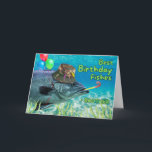 Brother Bro Birthday Fish Ready to Party Card<br><div class="desc">You're one in a GILL-ion! Birthday greeting card for Bro or Brother features the front of a fish holding balloons with its fin and blowing a party noise maker. It is also wearing a camouflage fishing hat with fishing lures attached. Art, image, and verse copyright © Shoaff Ballanger Studios, 2024....</div>