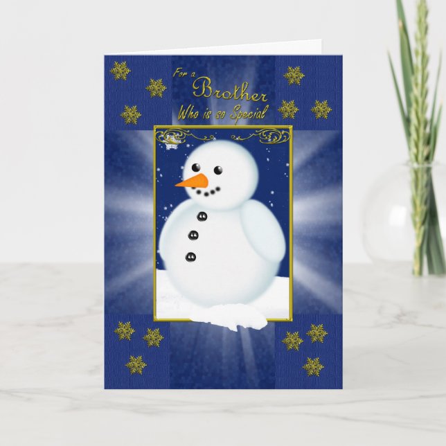 brother christmas card, blue with snowman holiday card (Front)