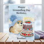 Brother Happy Groundhog Day Birthday Groundhog Card<br><div class="desc">This hand-painted watercolor and pen illustration features a cute groundhog peeking out of his den as he reaches for a chocolate and vanilla cake topped with strawberries,  blueberries,  and boysenberries. A funny card for a brother!</div>