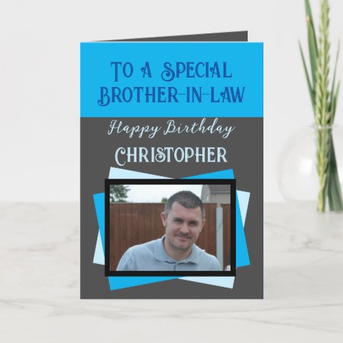 Brother in law photo name grey blue birthday card