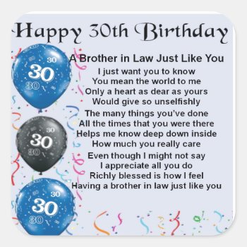Brother In Law Poem 30th Birthday Square Sticker by Lastminutehero at Zazzle