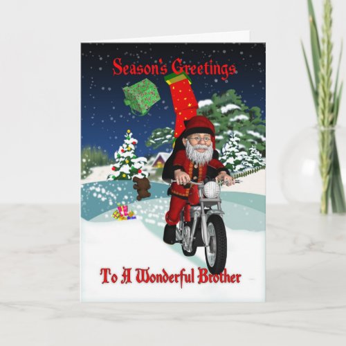 Brother Motorcycle Santa With Flying Gifts Holiday Card