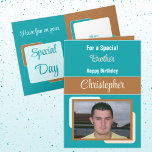 Brother name photo turquoise brown birthday card<br><div class="desc">For a special brother birthday card.
Personalize this Greetings Card with a photo and a name.
Designed in turquoise,  brown and cream.</div>