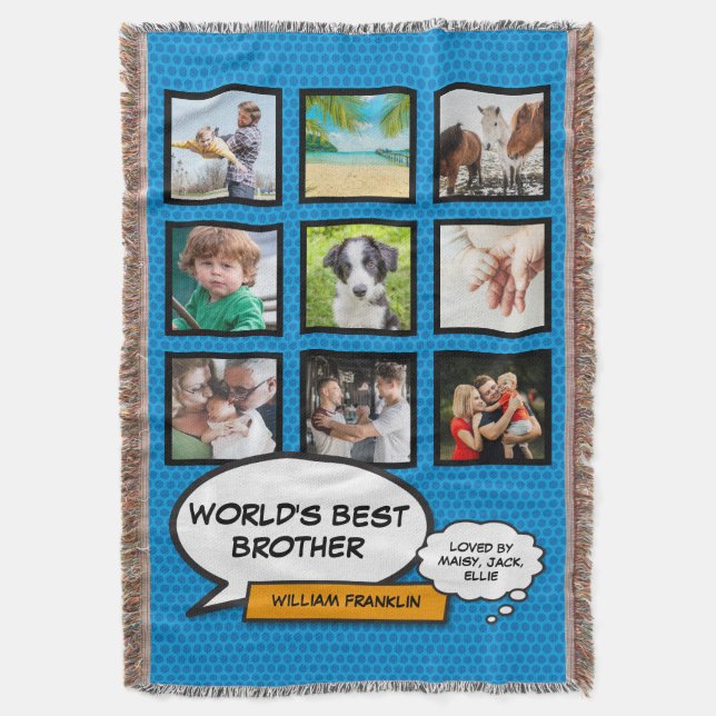 Brother Photo Collage Comic Book Fun Cool Blue Throw Blanket (Front Vertical)