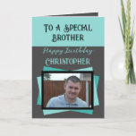 Brother photo name grey turquoise birthday card<br><div class="desc">To a special brother.
Happy birthday.
Add a name and photo.
Grey,  turquoise and black.</div>