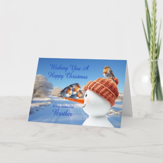 Brother Robins and Snowman Christmas Holiday Card (Front)