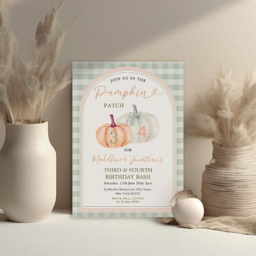 Brother  Sister Pumpkin Patch Gingham Birthday Invitation