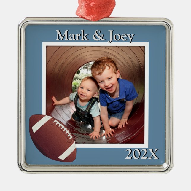 Brothers Football Personalized Photo Christmas Metal Ornament (Front)