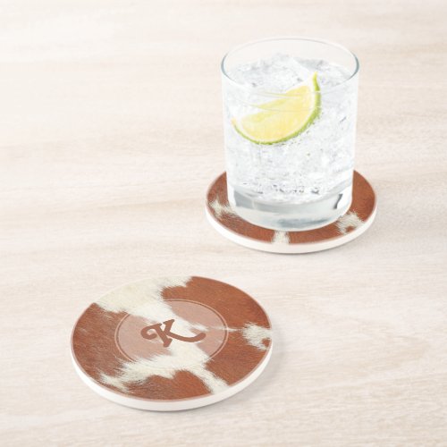 Brow and white realistic look cowhide monogram coaster