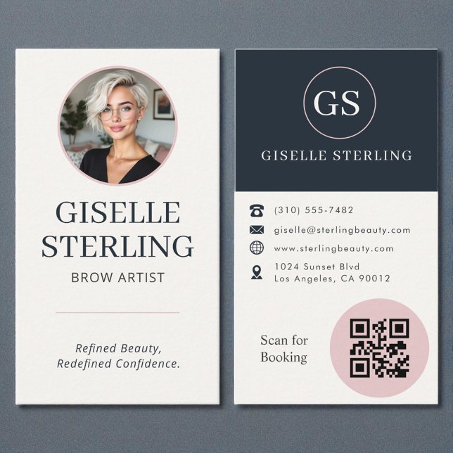 Brow Artist Blush & Navy Photo QR Code  Business Card (Creator Uploaded)