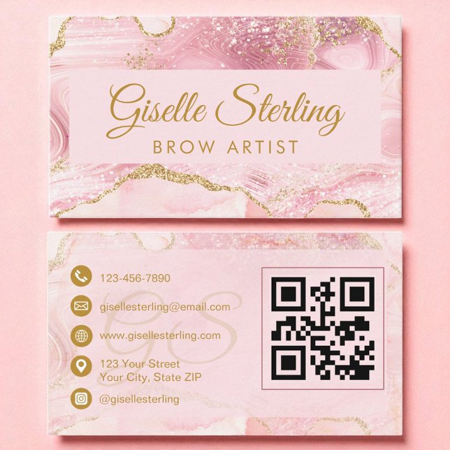 Brow Artist Blush Pink Gold Agate QR Code Business Card (Creator Uploaded)