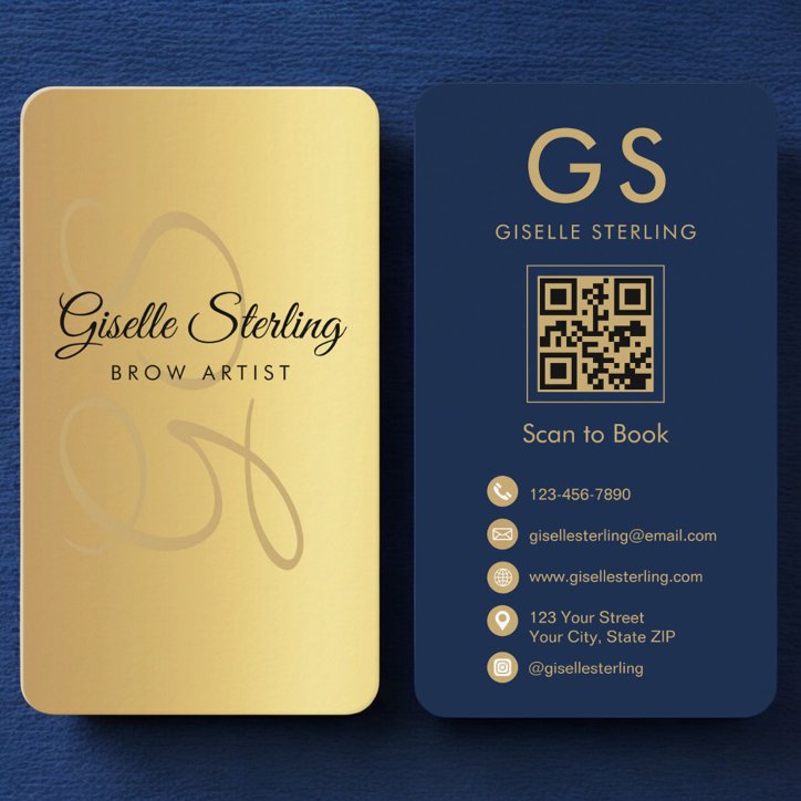 Brow Artist Gold Navy Blue QR Code Monogram Business Card
