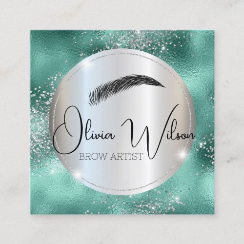 Brow Artist Modern Green and Silver  Square Business Card