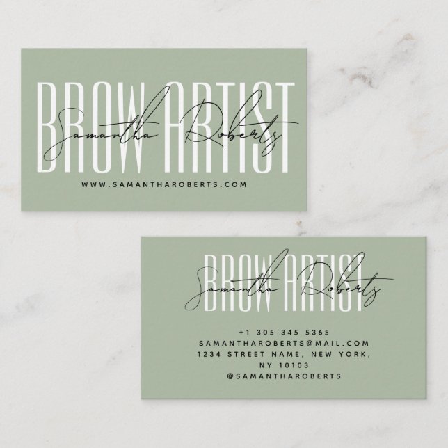 Brow artist modern typography script sage green business card (Front/Back)