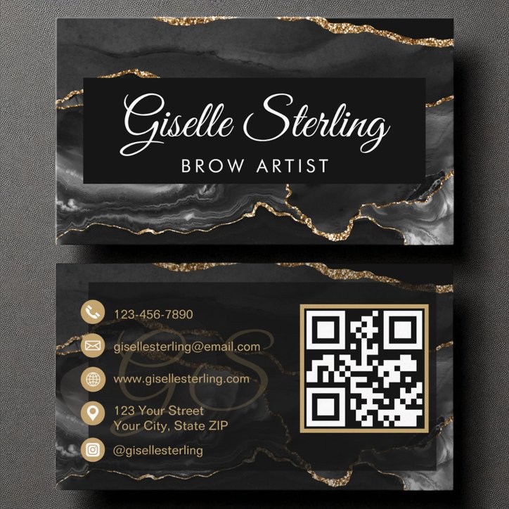 Brow Artist QR Code Black Gold Agate Luxury Business Card